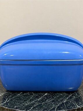 Hall China blue covered casserole made for Westinghouse.